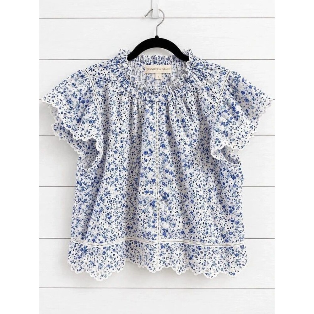 Large Jennifer & Grace Blue Floral Eyelet Blouse